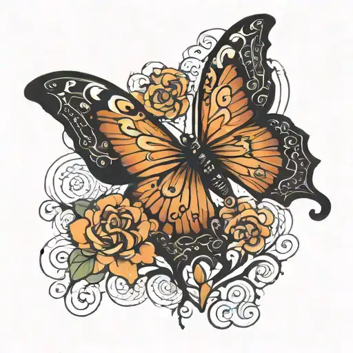 tatto for a girl behined neck. the desgin should have a butterfly shape with a girl nose and lips with septum also curly tattoo design idea