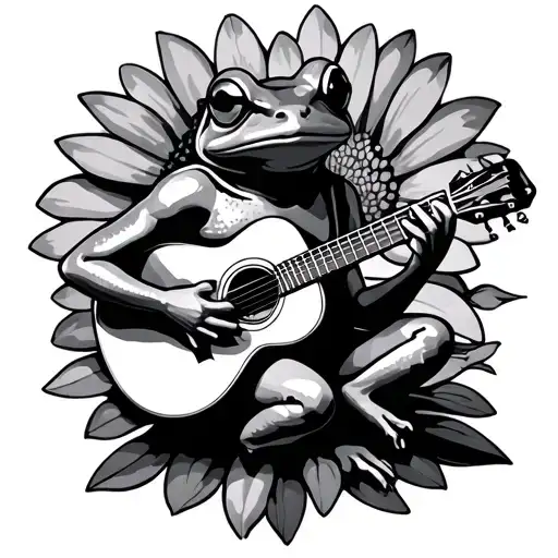 coqui frog playing a guitar while sitting on a Evangeline flower  tattoo design idea