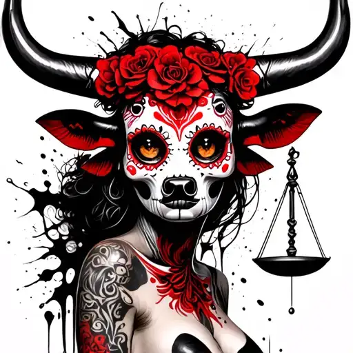 woman body bull with sugar skull markings, brown eyes and two Libra scales with extra dark background tattoo design idea