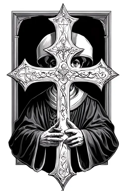 Victorian Catholic exorcism priest cross tattoo design idea
