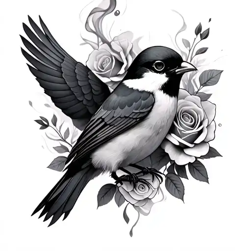 3D black and white modern chicadee tattoo with roses and skulls in back ground with smoke shading and hi lights tattoo design idea
