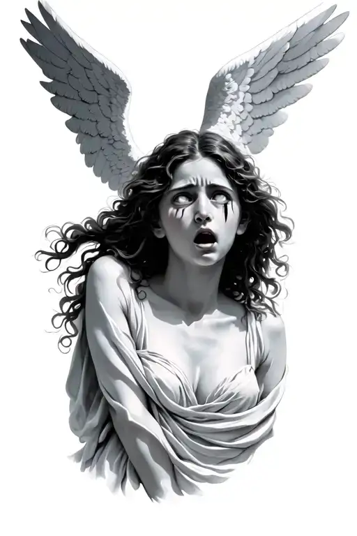 crying female angel looking up from ground tattoo design idea