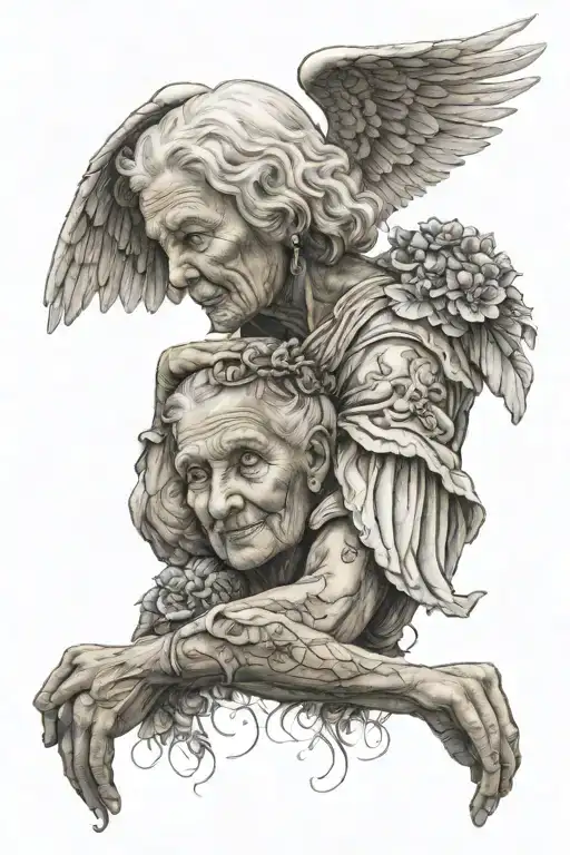 A tattoo of a grandmother figure with angel wings, symbolizing your beloved grandmother who passed away last year tattoo design idea