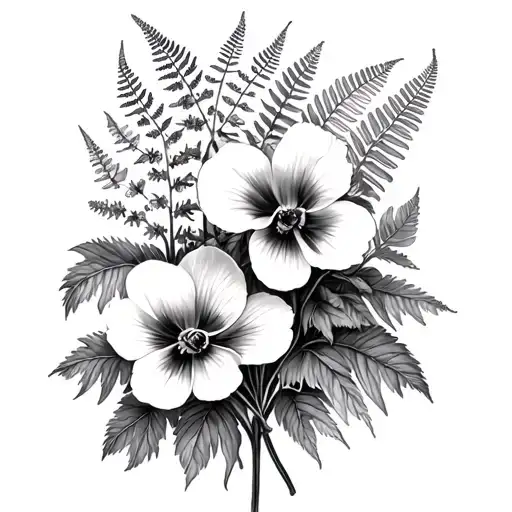 collage with wildflowers featuring common violets, anemone, columbine and ferns, in black and white.  tattoo design idea