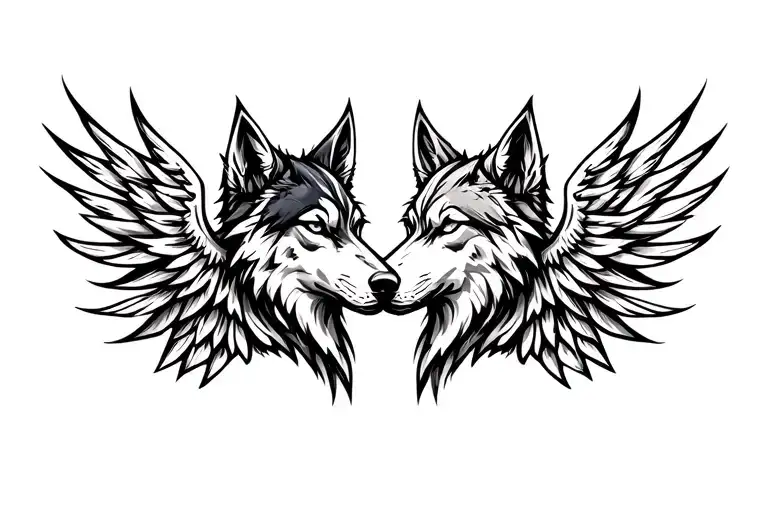 tattoo idea of profile images of 2 wolves heads in the shape of valkyrie wings using tribal shapes tattoo design idea