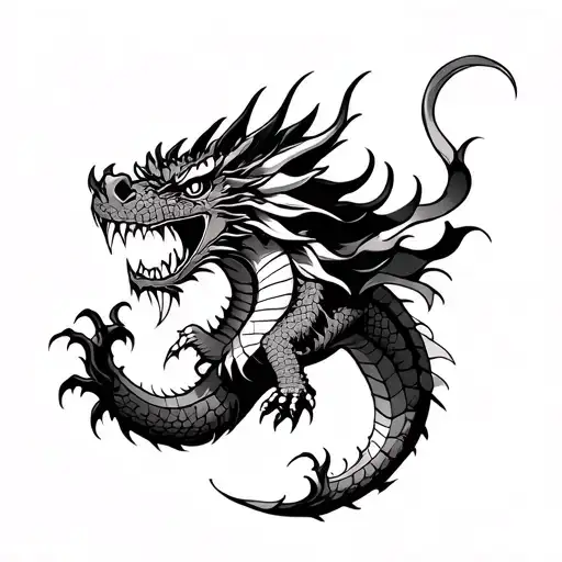 japanese angry dragon on forearm black and white tattoo design idea