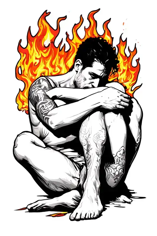 a burning man is sitting on the floor, hugging his legs, and the color is black tattoo design idea