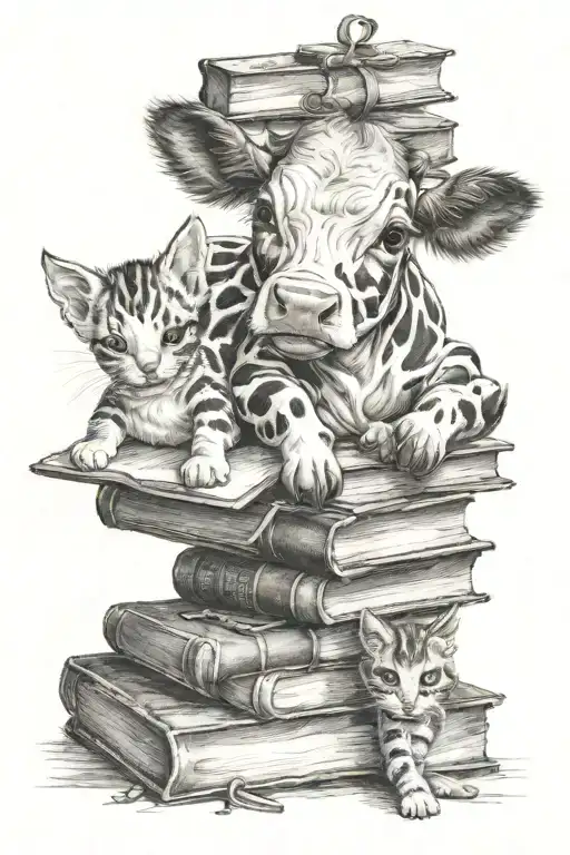 baby cow with a kitten playing at its feet and old books stacked up tattoo design idea