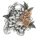 Flash sheet of realism tattoos with faces, skulls, flowers, bats tattoo design idea