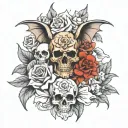 Flash sheet of realism tattoos with faces, skulls, flowers, bats tattoo design idea