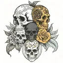 Flash sheet of realism tattoos with faces, skulls, flowers, bats tattoo design idea
