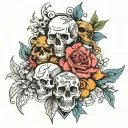 Flash sheet of realism tattoos with faces, skulls, flowers, bats tattoo design idea