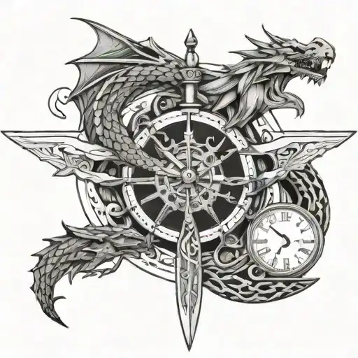 sword with a dragon and a clock embedded tattoo design idea