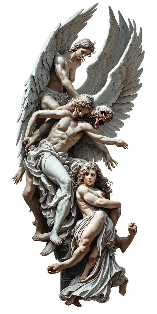angels going through gates of heaven while fighting demons trapped in hell tattoo design idea