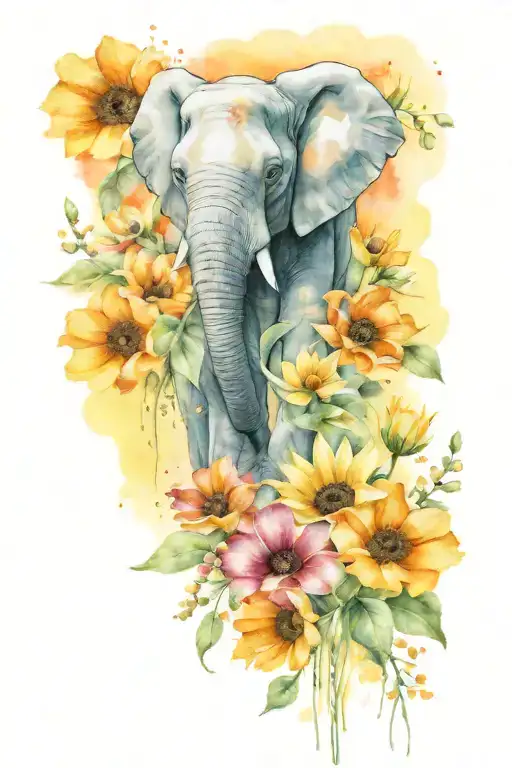 COMBINATION OF SUNFLOWERS, POPPIES AND ORCHIDS BOUQUET WITH A BABY ELEPHANT HOLDING THE BOUQUET tattoo design idea