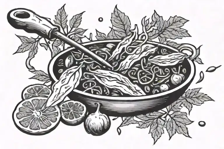 A hand throwing cloves, cardamom, black pepper, red chilli, bay leaf and cinamon stick in a fry pan tattoo design idea