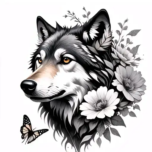 wolf and flowers with butterflies  tattoo design idea