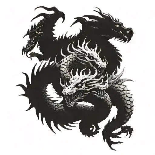 three headed Black dragon realistic  tattoo design idea
