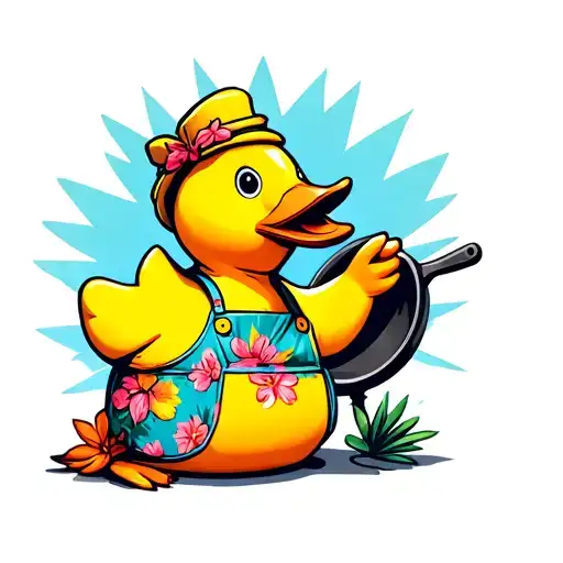 rubber duck with Hawaiian print apron and cast iron skillet tattoo design idea