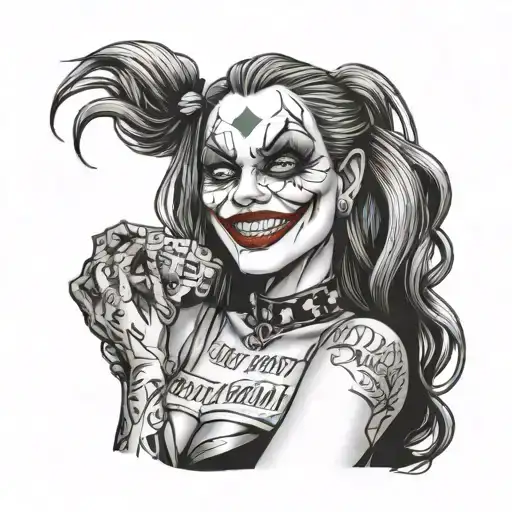 sexy woman joker like creepy dark sad flirty smile surrounded by ha ha ha ha laughing text. VERY creepy sad. tattoo design idea