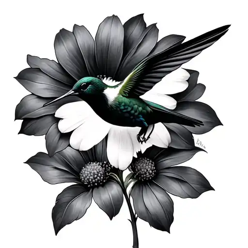 small black hummingbird over flower cryberrelism Cosmo flowers  tattoo design idea