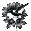 small black hummingbird over flower cryberrelism Cosmo flowers  tattoo design idea