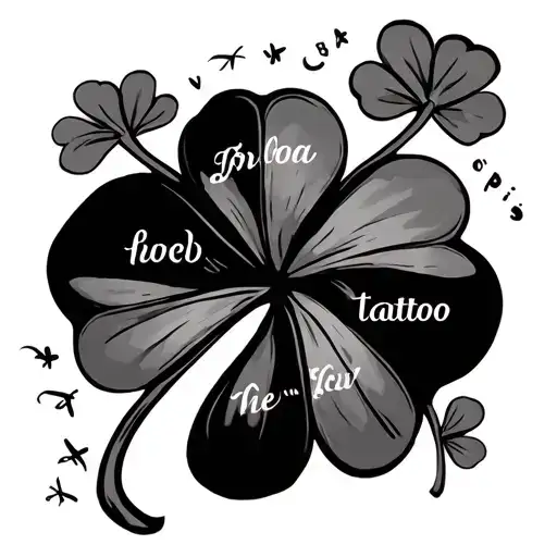 black clover inspired tattoo, 5 leaf clover, each clover has one of these words on it, 信仰.   希望     .愛.      運.      悪魔 tattoo design idea