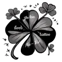 black clover inspired tattoo, 5 leaf clover, each clover has one of these words on it, 信仰.   希望     .愛.      運.      悪魔 tattoo design idea
