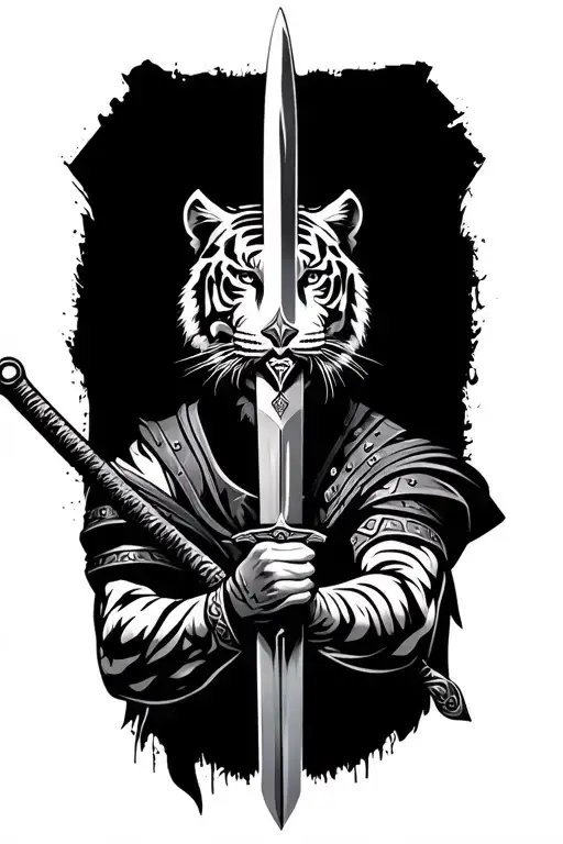 Tiger, cross, spartan warrior holding sword tattoo design idea