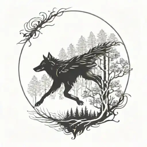 A wolf in the middle of the forest, a raven above him tattoo design idea