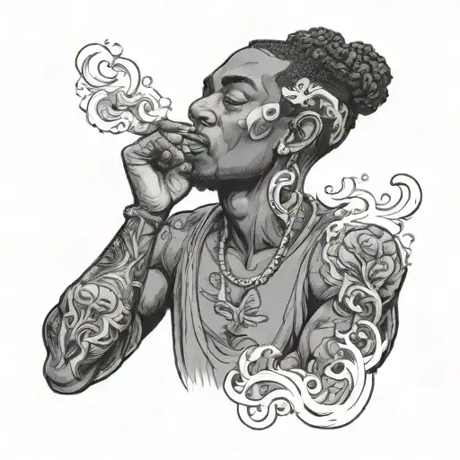 Draw a black guy smoking weed with the weed smoke being people of him.  tattoo design idea