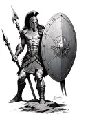 a realistic Spartan full body with spear and shield  tattoo design idea