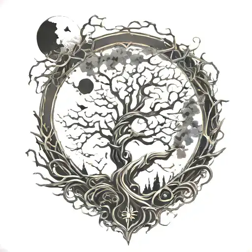 gothic evil tree, hanging children, moon, thorns surrounded tattoo design idea