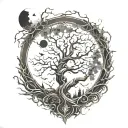 gothic evil tree, hanging children, moon, thorns surrounded tattoo design idea