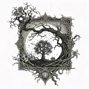 gothic evil tree, hanging children, moon, thorns surrounded tattoo design idea