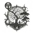 gothic evil tree, hanging children, moon, thorns surrounded tattoo design idea