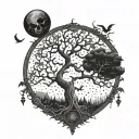 gothic evil tree, hanging children, moon, thorns surrounded tattoo design idea