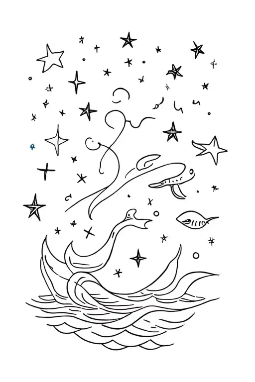 the sea, marine animals, stars, and words tattoo design idea