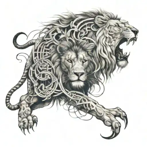 lion and forrest and scorpion and maze tattoo design idea