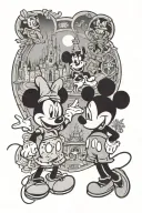 Mickey and minnie mouse  standing in front of the four Disney World Park icons tattoo design idea