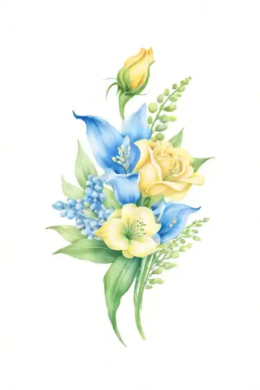 floral bouquet blue bonnet yellow rose lily of the valley tattoo design idea