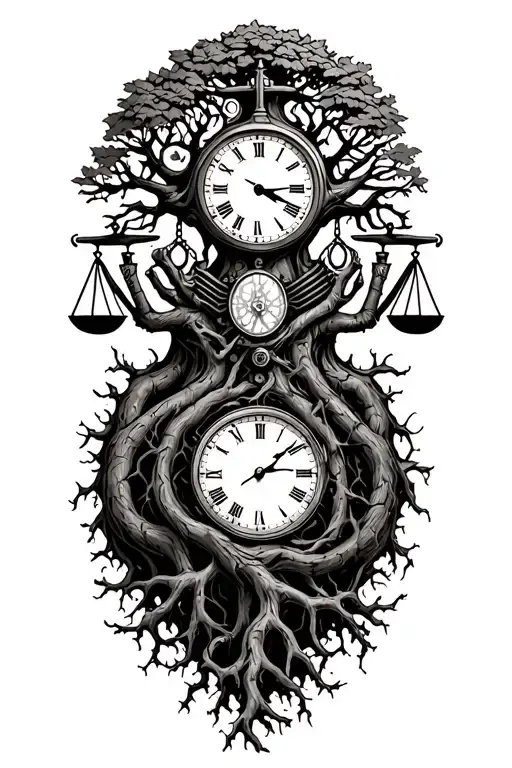 midevil tree of life with roots, libra scales, v-twin engine and a clock intertwined  tattoo design idea