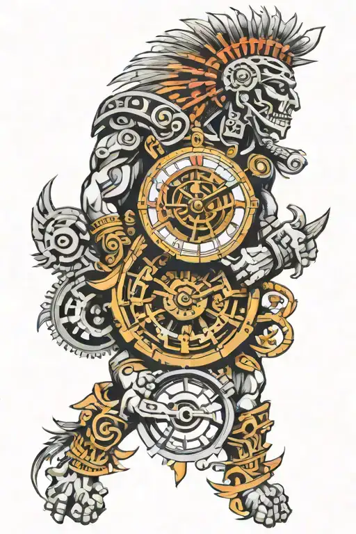 aztec warrior clock mechanism intertwined tattoo design idea
