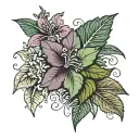 tobacco flower, rose, lily, concord grape leaves, parsley  tattoo design idea