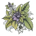 tobacco flower, rose, lily, concord grape leaves, parsley  tattoo design idea