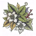 tobacco flower, rose, lily, concord grape leaves, parsley  tattoo design idea