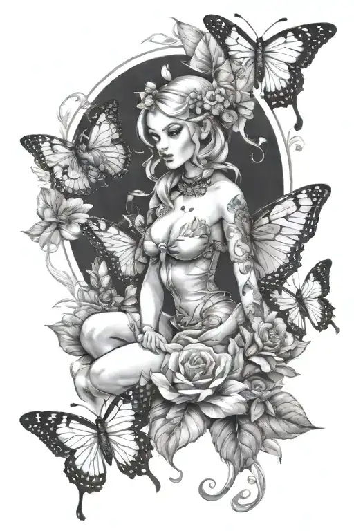 elf fairy pinup girl surrounded by flowers and butterflies tattoo design idea