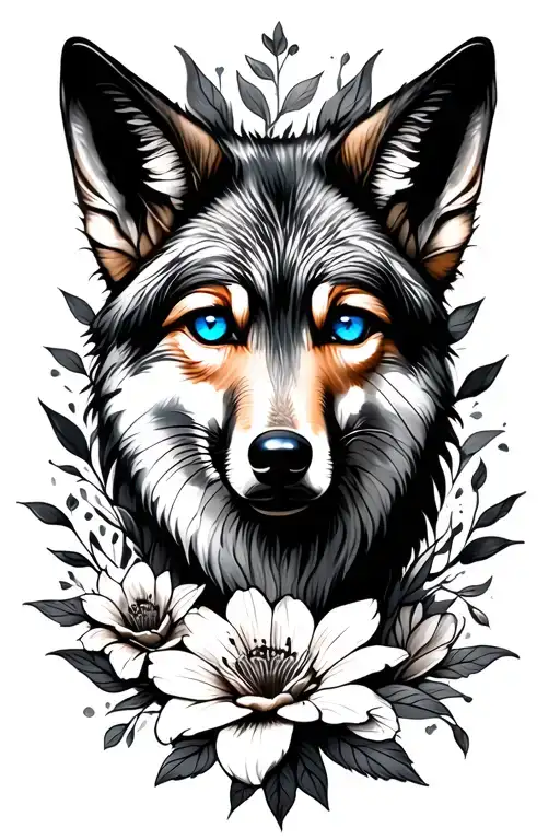 floral and coyote with blue eye tattoo design idea