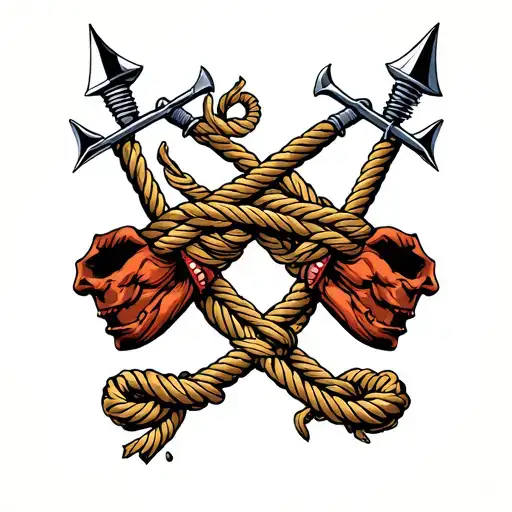 two harpoons going through skin break with rope hanging tattoo design idea