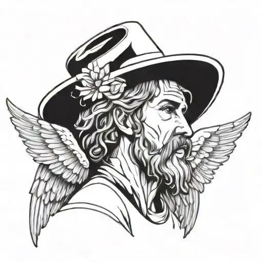 Outline Tattoo of a beardless male angel with wings and wearing a straw farmer's hat tattoo design idea